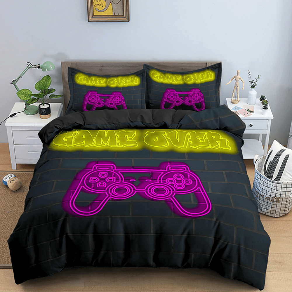 Game Over Yellow Pink Neon Light Black Duvet Cover Bedding Set
