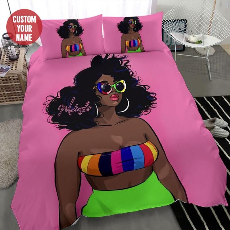 Personalized Summer Black Girl Wearing Sunglasses Custom Name Duvet Cover Bedding Set