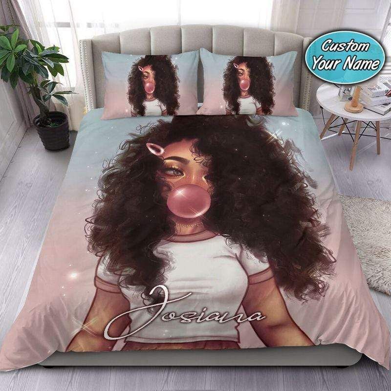 Personalized Bubble Cute Black Girl Chewing Gum Custom Name Duvet Cover Bedding Set