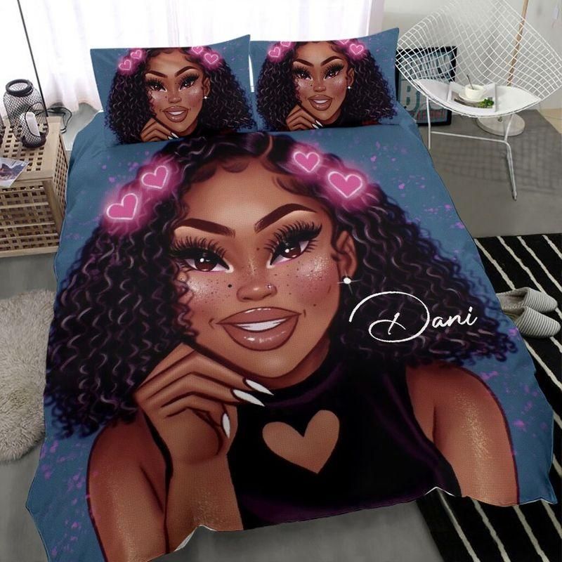 Personalized Happy Black Girl Heart Duvet Cover Bedding Set With Your Name