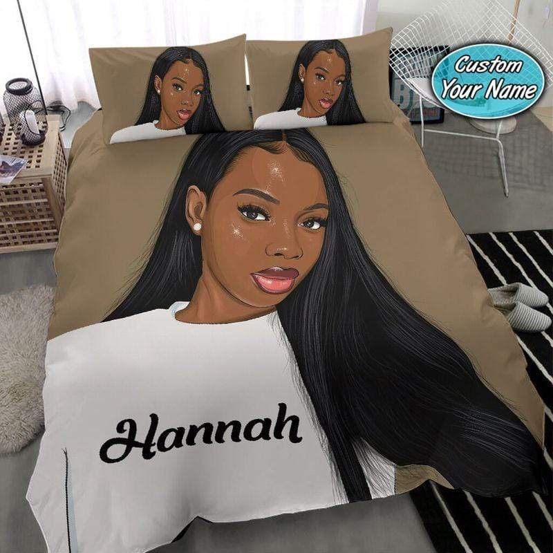 Personalized African Brown Skin Girl Simple Custom Name Duvet Cover Bedding Set