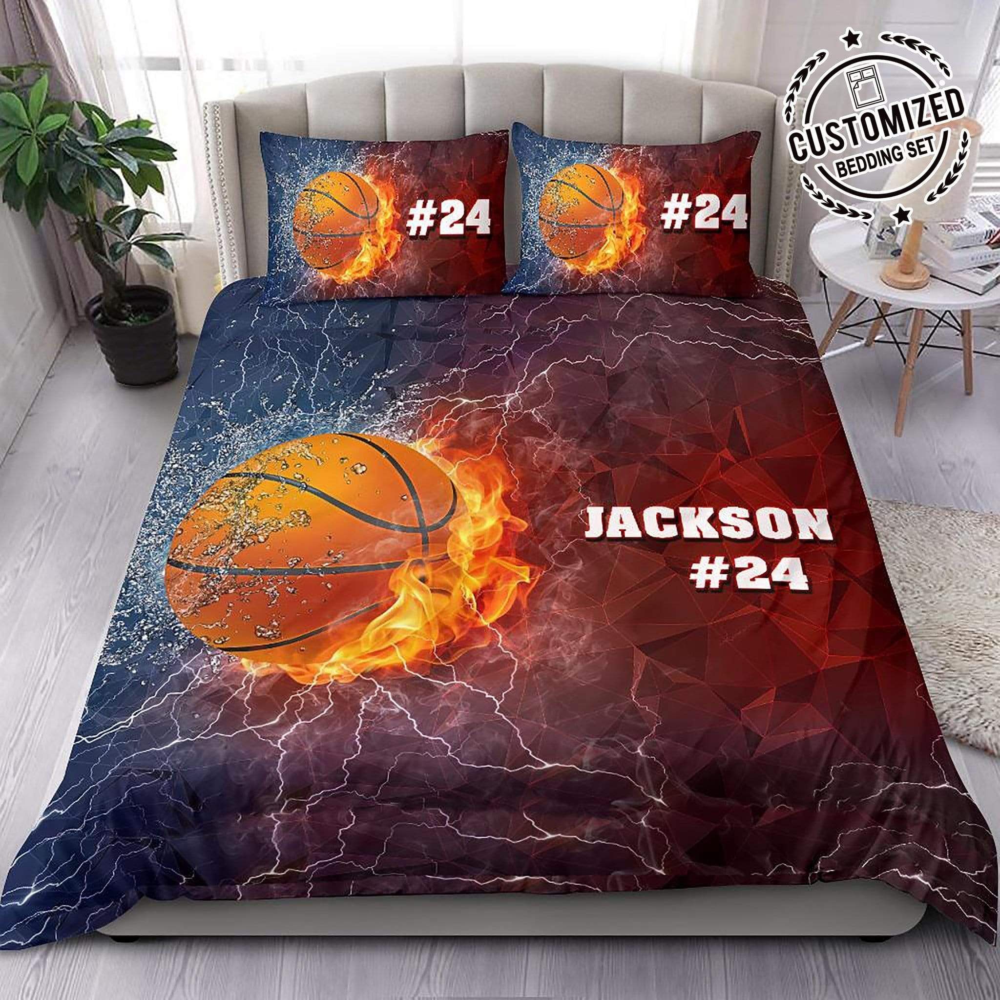 Personalized Thunder Basketball Fire And Water Theme Custom Name Duvet Cover Bedding Set