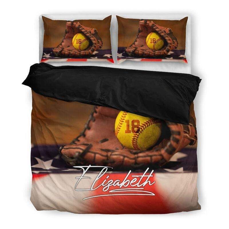 Personalized Softball Flag Custom Duvet Cover Bedding Set With Name