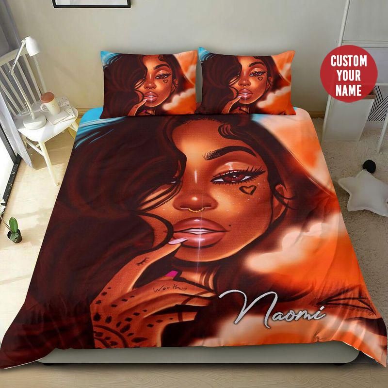 Personalized Black Girl Heart In Eye Custom Name Duvet Cover Bedding Set
