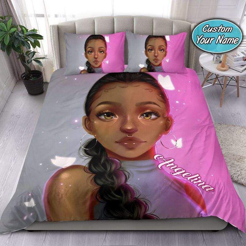 Personalized Beautiful Black Girl With Butterfly Custom Name Duvet Cover Bedding Set