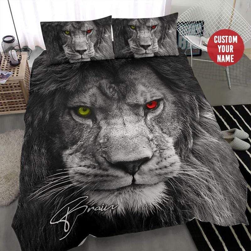 Personalized Lion Red And Green Eyes Bedding Custom Name Duvet Cover Bedding Set