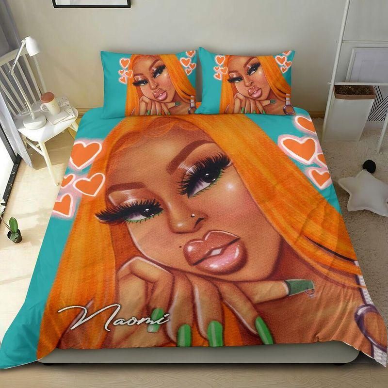 Personalized Black Girl Orange Heart Bedding Set Custom Name