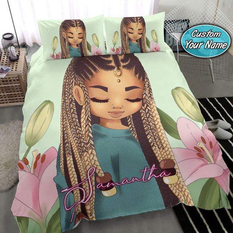 Personalized Traditional Black Girl With Flower Custom Name Duvet Cover Bedding Set