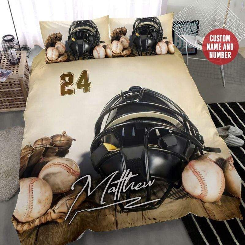 Personalized Baseball Helmet And Ball Duvet Cover Bedding Set With Your Name