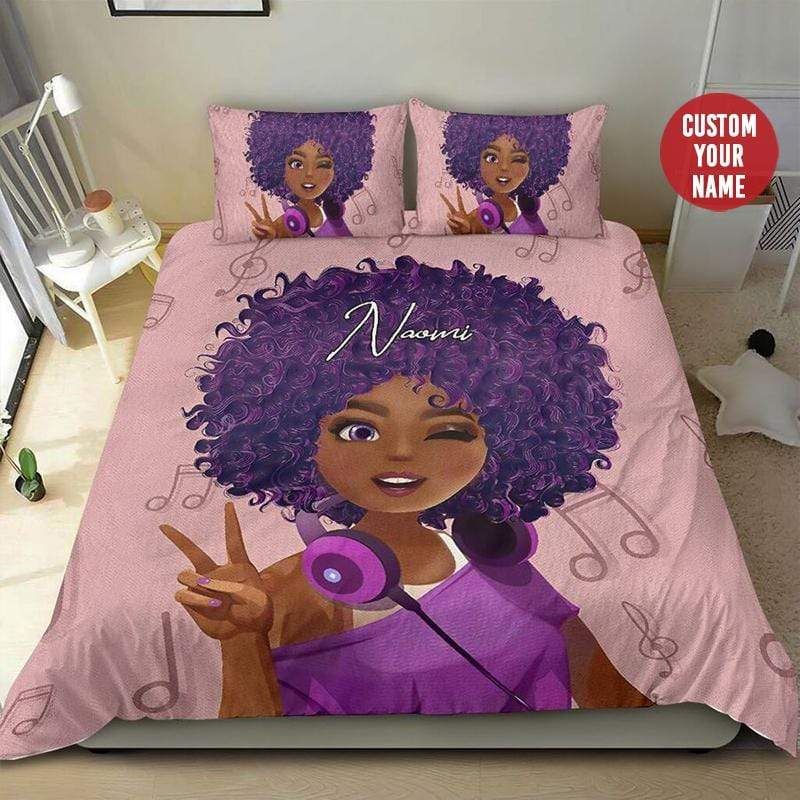 Personalized Black Girl Purple Music Note Custom Name Duvet Cover Bedding Set