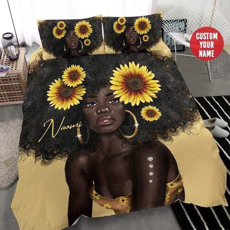 Personalized Black Girl With Sunflower African Custom Duvet Cover Bedding Set With Name