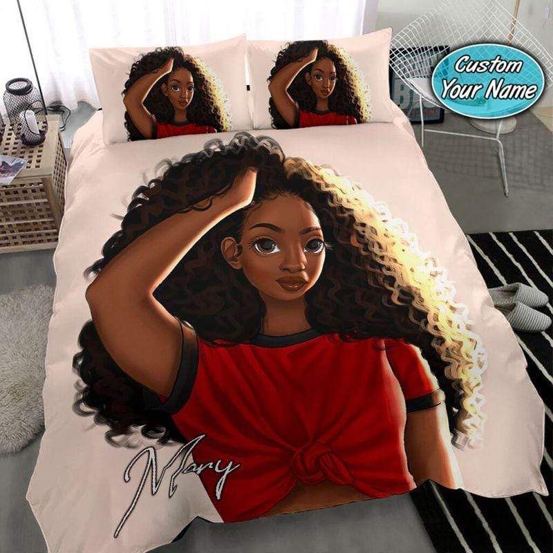 Personalized Proud Natural Hair Dark Skinned Girl Custom Name Duvet Cover Bedding Set