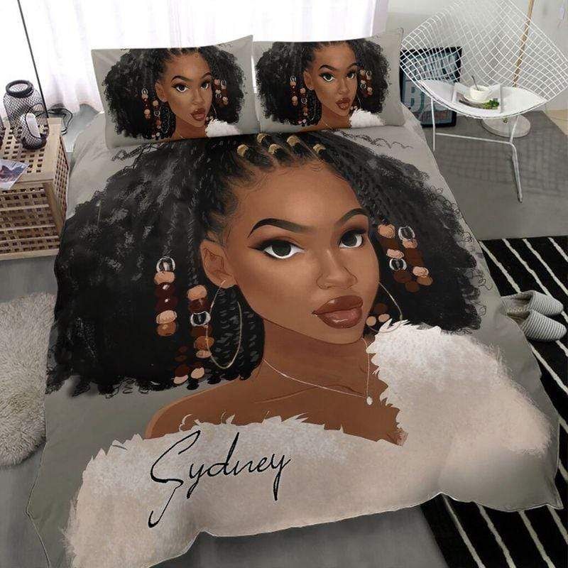 Personalized Black Women Royal Braid Hair Duvet Cover Bedding Set With Your Name