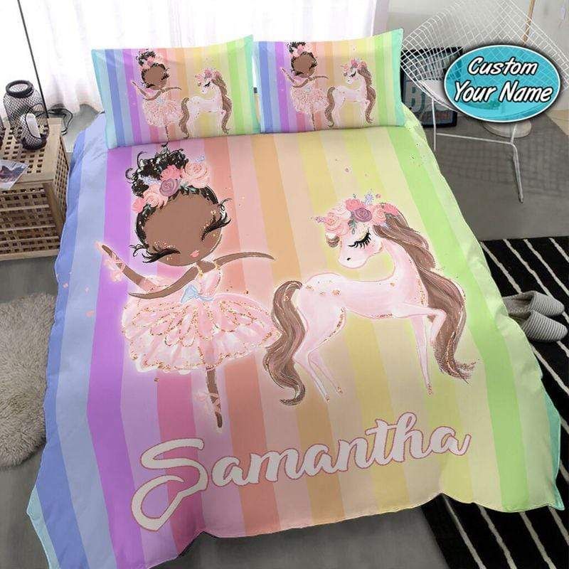 Personalized Ballet Black Girl And Unicorn Custom Name Duvet Cover Bedding Set