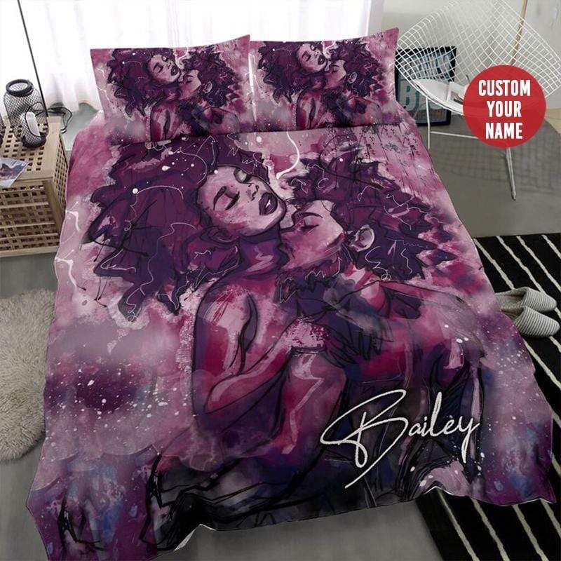 Personalized Black Couple Love Purple Background Custom Name Duvet Cover Bedding Set