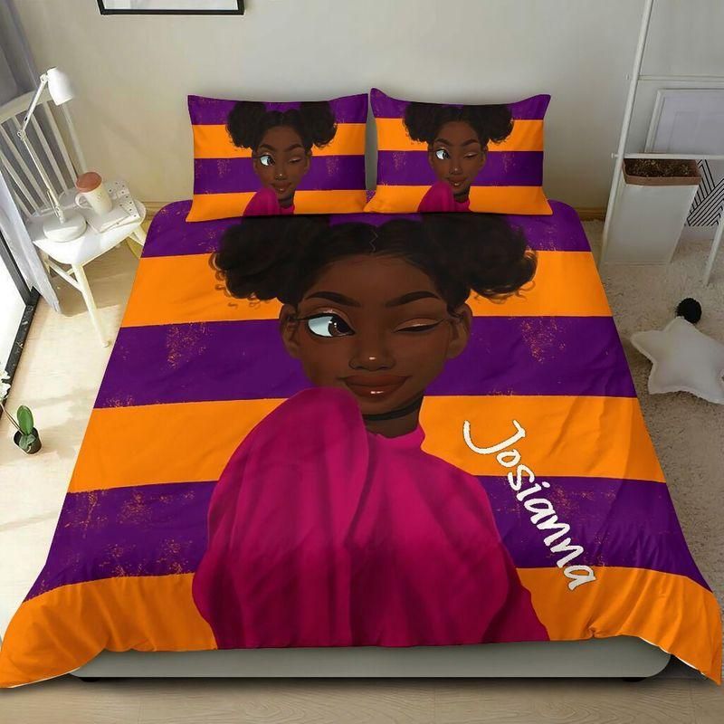 Personalized Adorable Black Girl Stripes Pattern Custom Name Duvet Cover Bedding Set