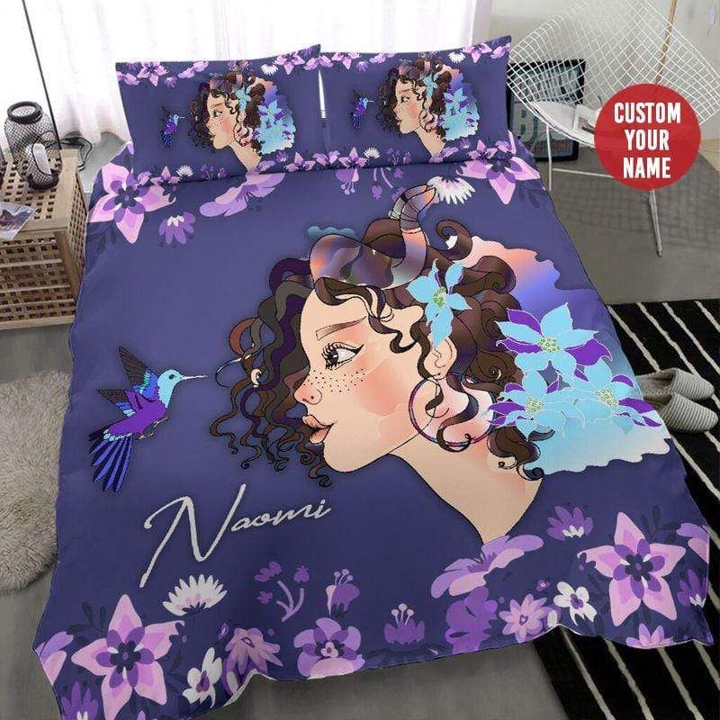 Personalized Black Girl Hummingbird Flower Custom Name Duvet Cover Bedding Set
