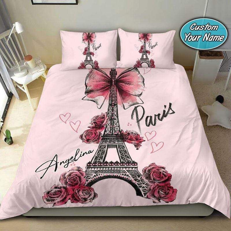 Personalized Eiffel Tower Paris Pink Rose Custom Name Duvet Cover Bedding Set