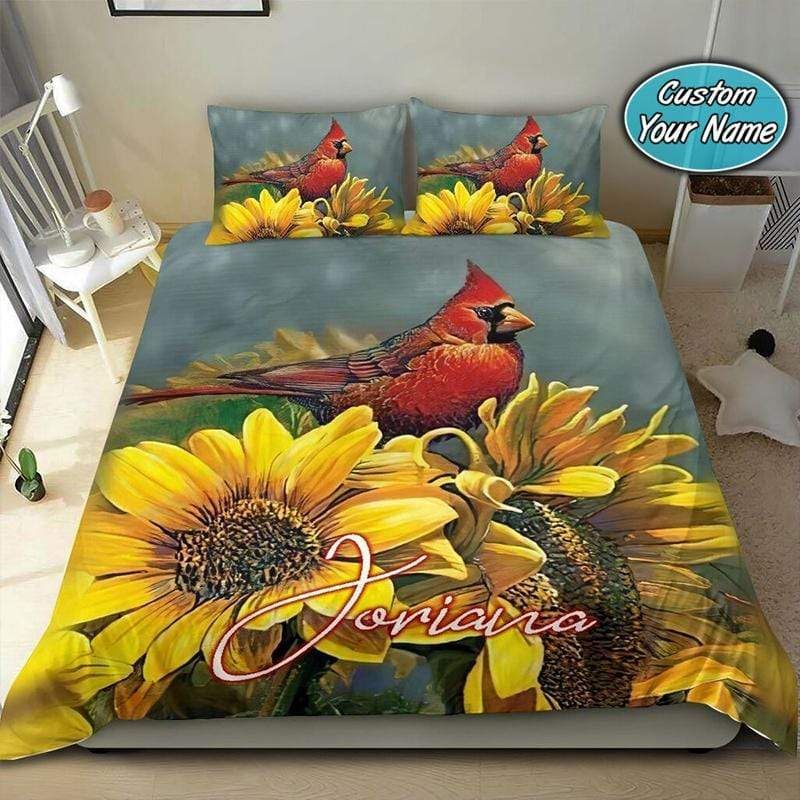 Personalized Cardinal Sunflower Garden Custom Name Duvet Cover Bedding Set