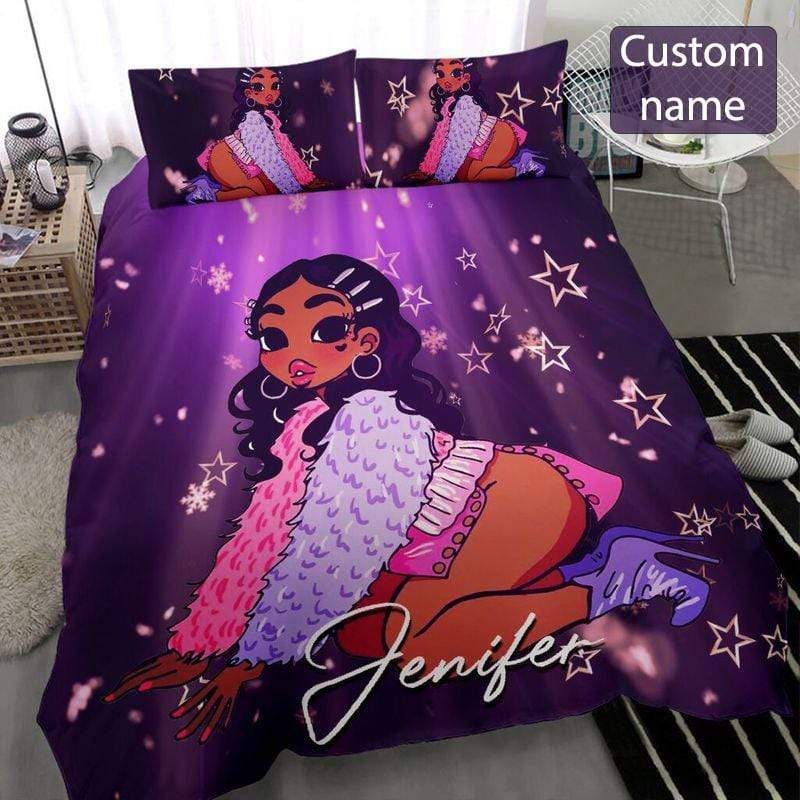 Personalized Black Girl Sexy Purple Star Custom Name Duvet Cover Bedding Set