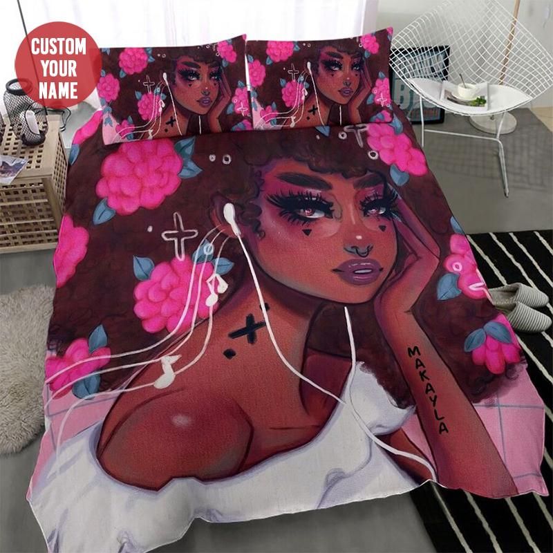 Personalized Black Girl Pink Flower Hair Bedding Custom Name Comforter Set Duvet Cover Bedding Set