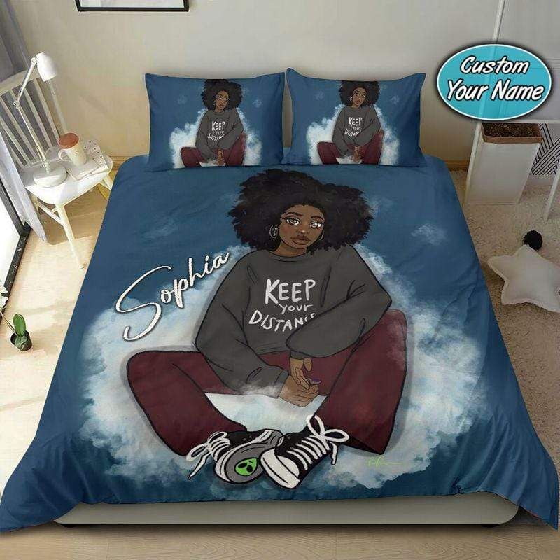 Personalized Big Afro Black Girl Keep Your Distance Custom Name Duvet Cover Bedding Set