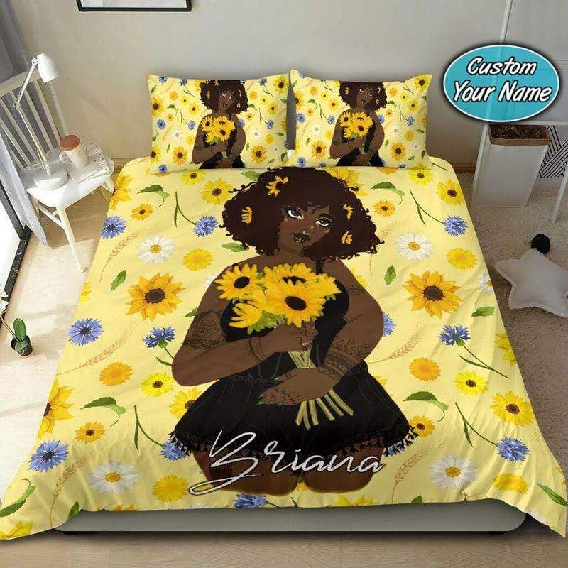 Personalized Black Girl Love Sunflower Custom Name Duvet Cover Bedding Set