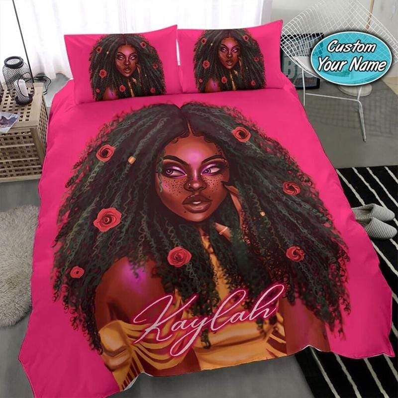 Personalized Pink Black Woman With Roses On Her Hair Custom Name Duvet Cover Bedding Set