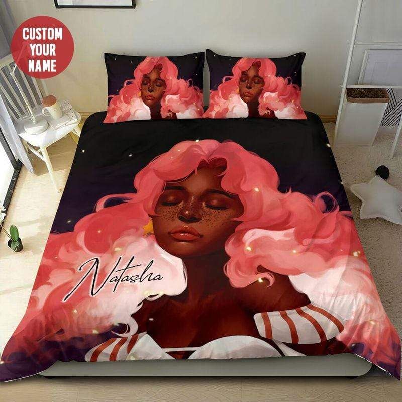 Personalized Pink Cloud Hair Black Girl Magic Custom Name Duvet Cover Bedding Set