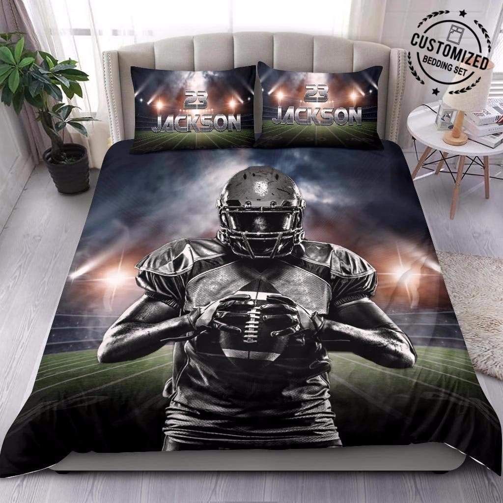Personalized B&W American Football Player On Field Custom Duvet Cover Bedding Set With Your Name