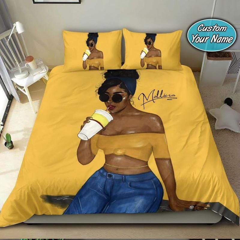 Personalized Yellow Cool Black Girl Wear Sunglasses Custom Bedding Set With Name