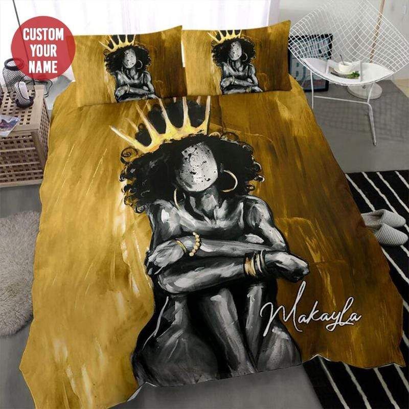 Personalized Golden Black Queen Custom Name Duvet Cover Bedding Set