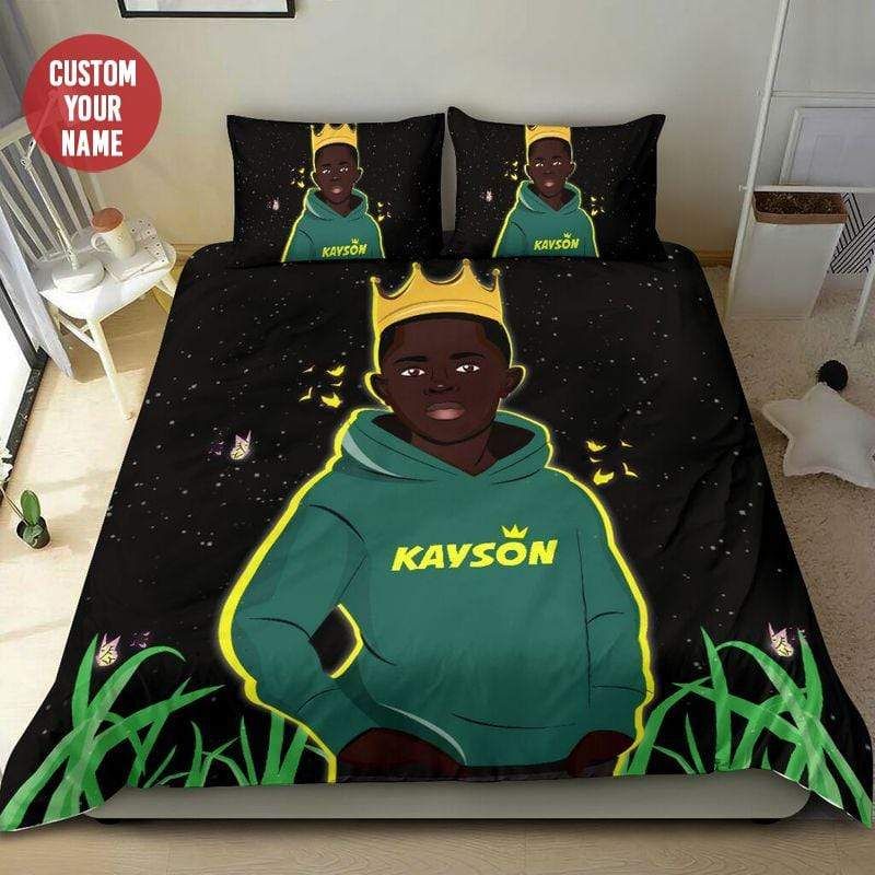 Personalized King Black Boy Green Hoodie Custom Name Duvet Cover Bedding Set