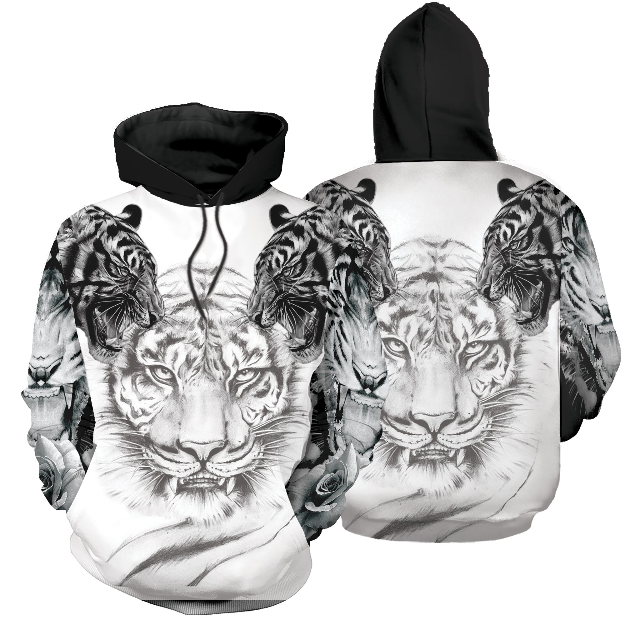 Double White Tiger Tattoo Over Printed Shirt For Men and Women PAN