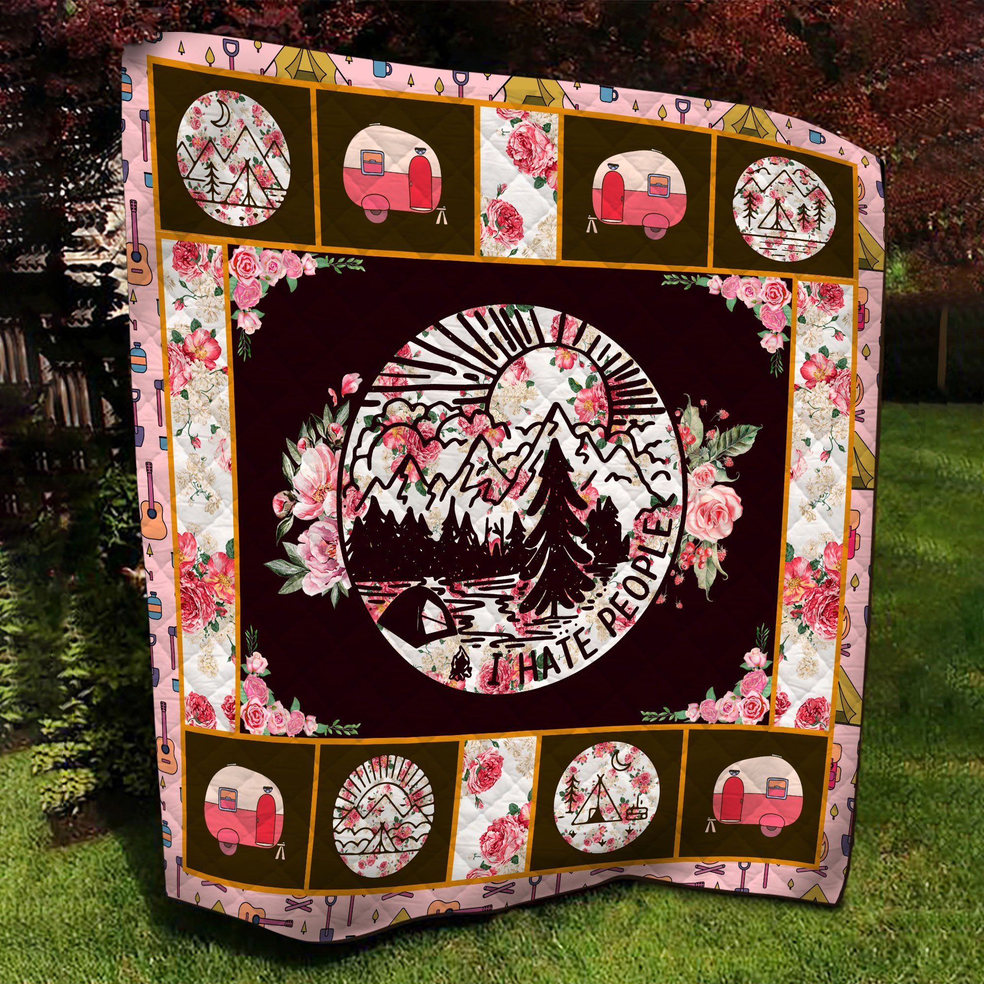 Floral I Hate People Camping Quilt