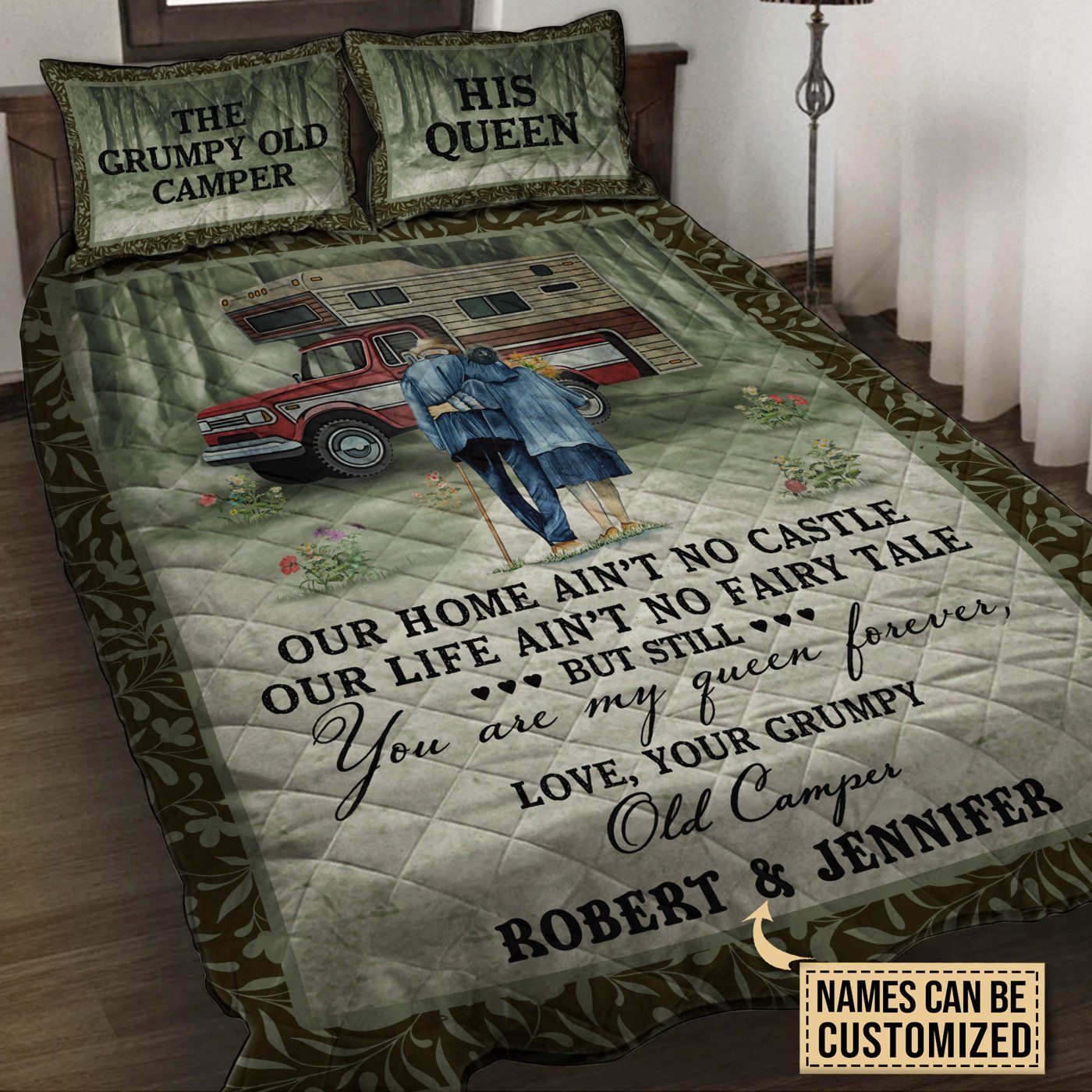 Personalized Camping Truck Grumpy Camper And Queen Customized Quilt Set