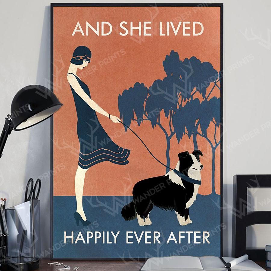 Vintage Girl She Lived Happily Border Collie - Poster