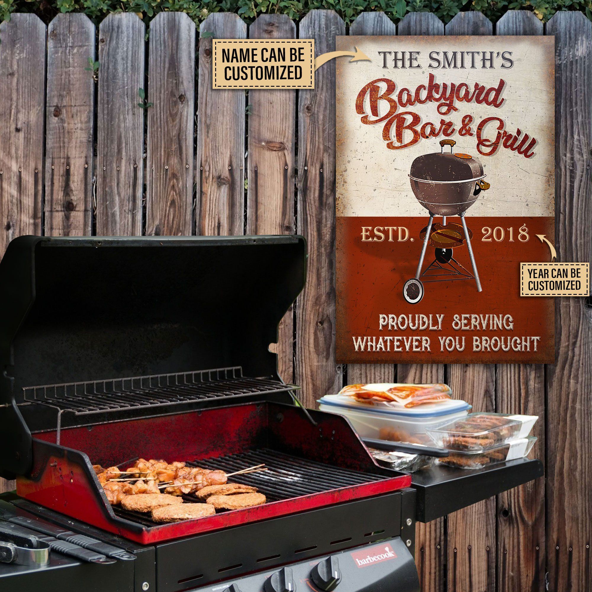 Personalized BBQ And Grill Proudly Serving Classic Metal Signs PAN