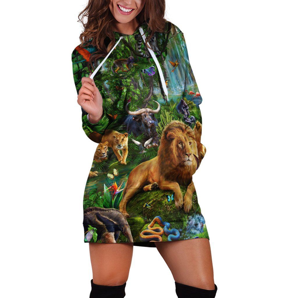 Awesome Lion Family Over Printed Hoodies Dress