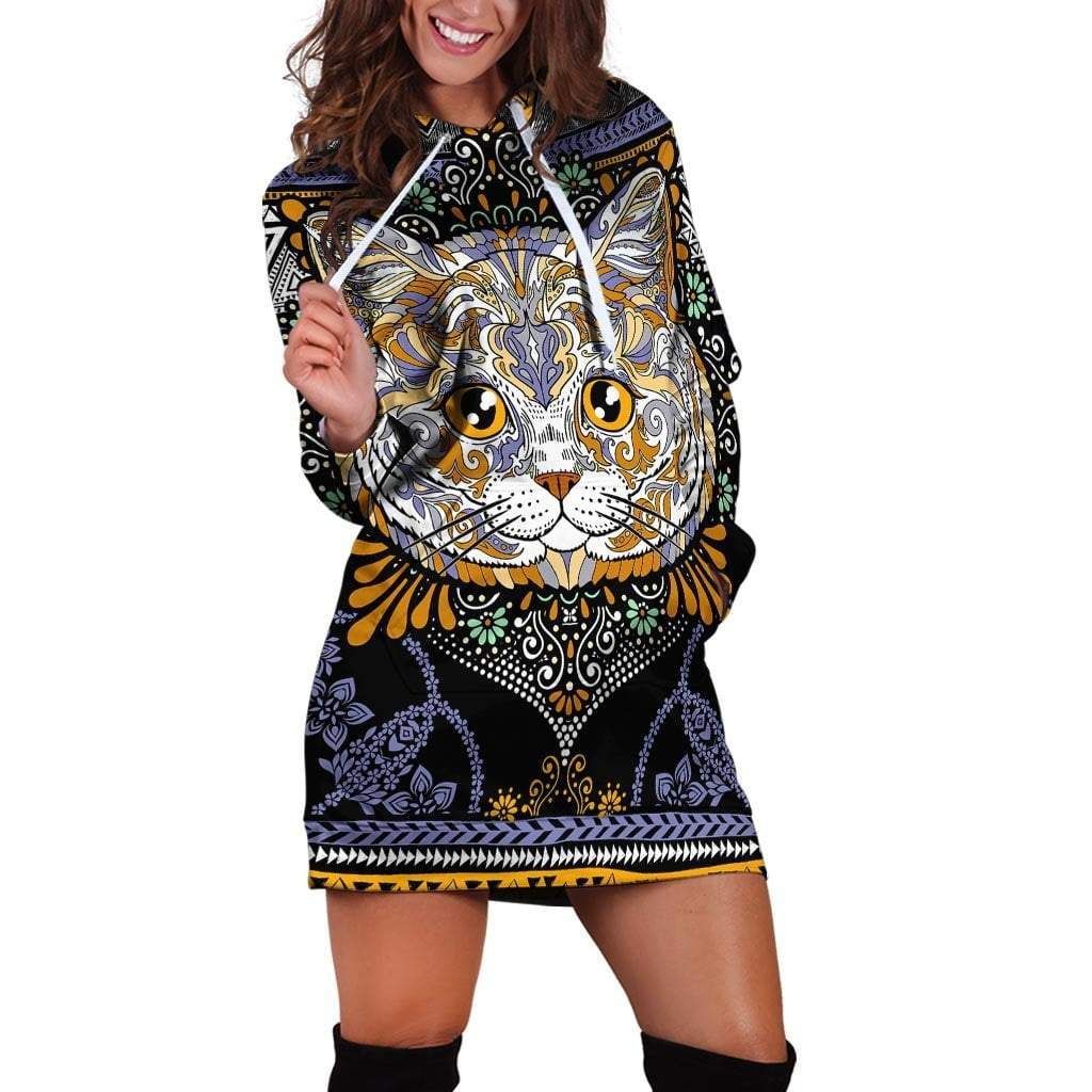 Awesome Cat Bohemian Printed Hoodies Dress