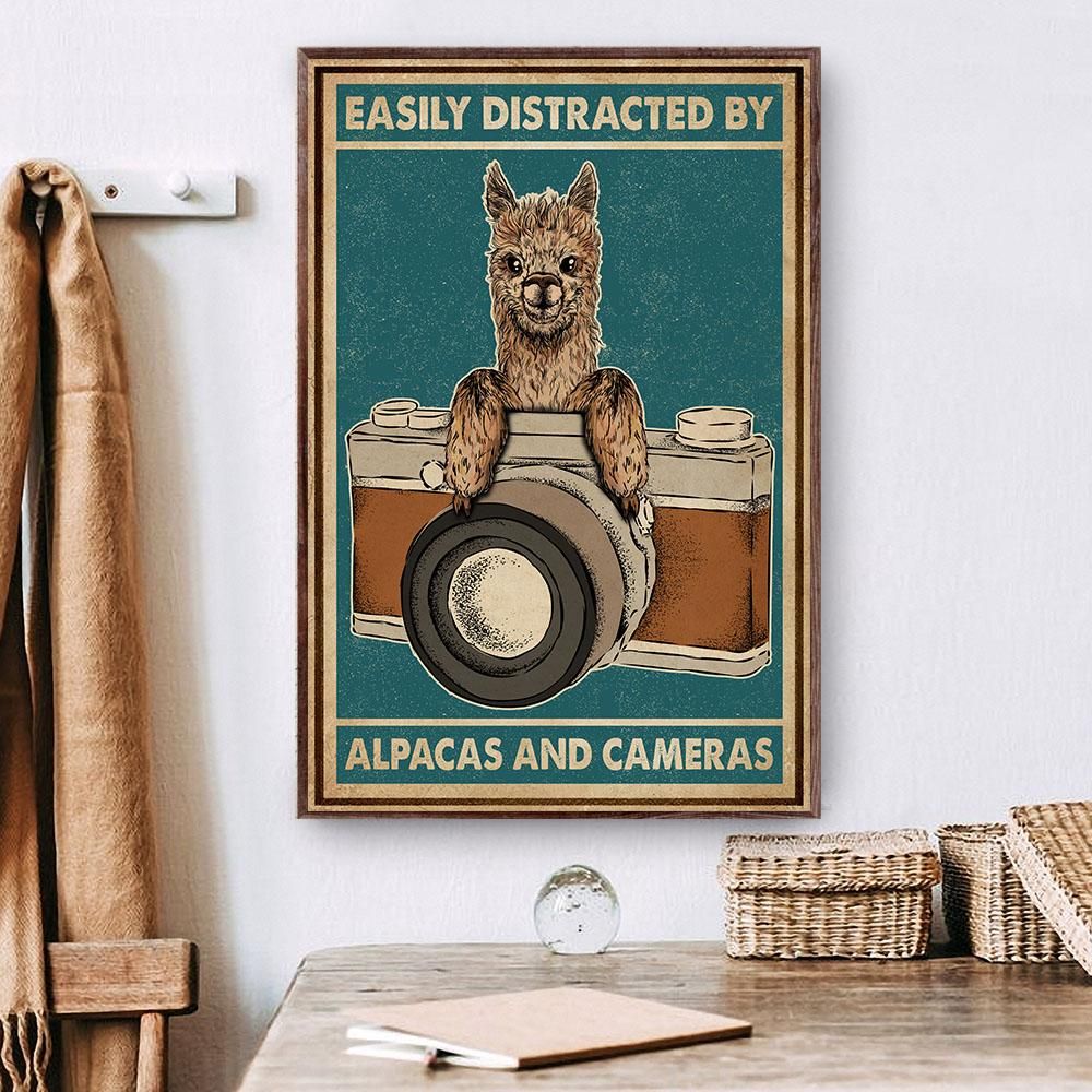 Retro Teal Easily Distracted By Camera And Alpaca Poster