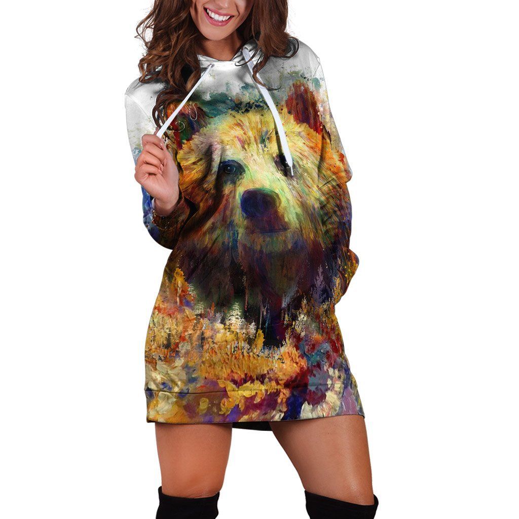 Paiting Bear Over Printed Hoodies Dress