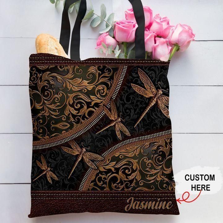 Love Dragonfly Woden Pattern Custom Name Printed Tote Bag