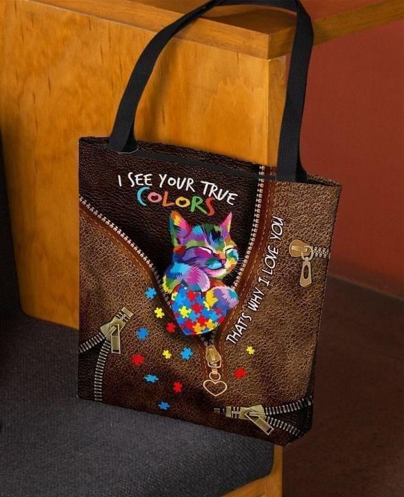 Cat Autism I See Your True Colors Leather Pattern Printed Tote Bag PANCVTB025