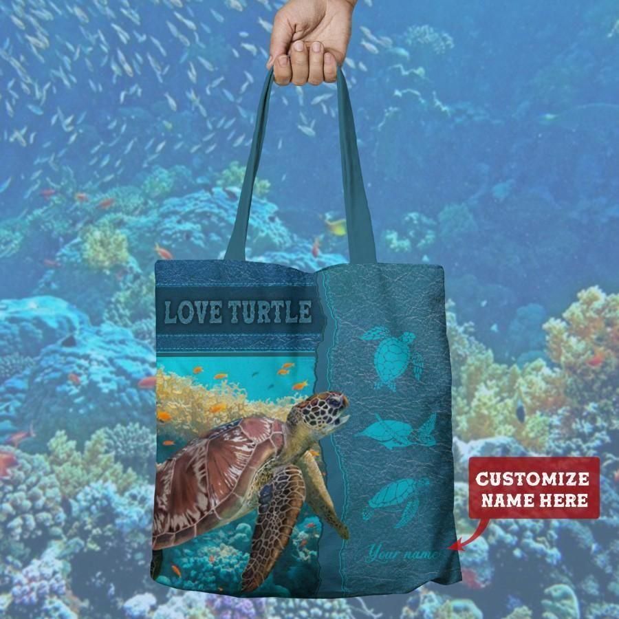 Green Sea Turtle Love Leather Pattern 3D Printed Custom Name Tote Bag