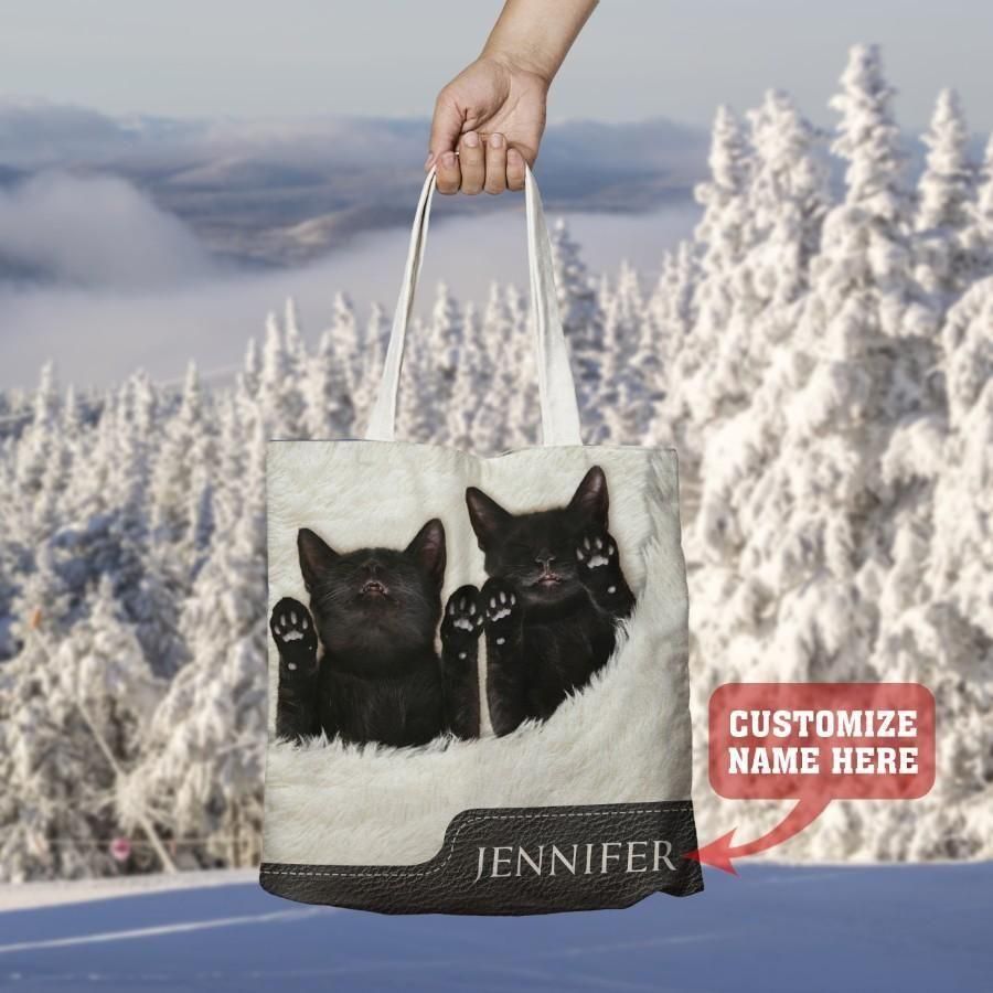 Black Cat In Fluffy Custom Name Printed Tote Bag