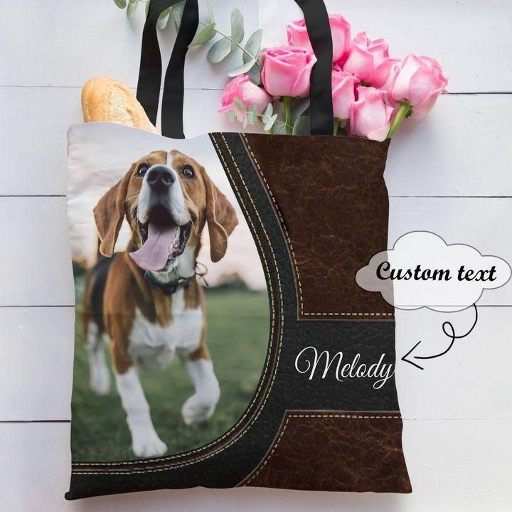 Love Beagle Dog Leather Pattern Custom Name Printed Tote Bag