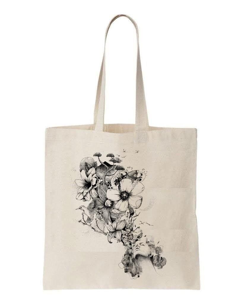 Grey Flowers Blow Printed Tote Bag Birthday Gift For Girls
