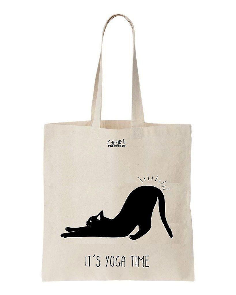 It'S Yoga Time Black Cat Printed Tote Bag Gift For Yoga Lovers