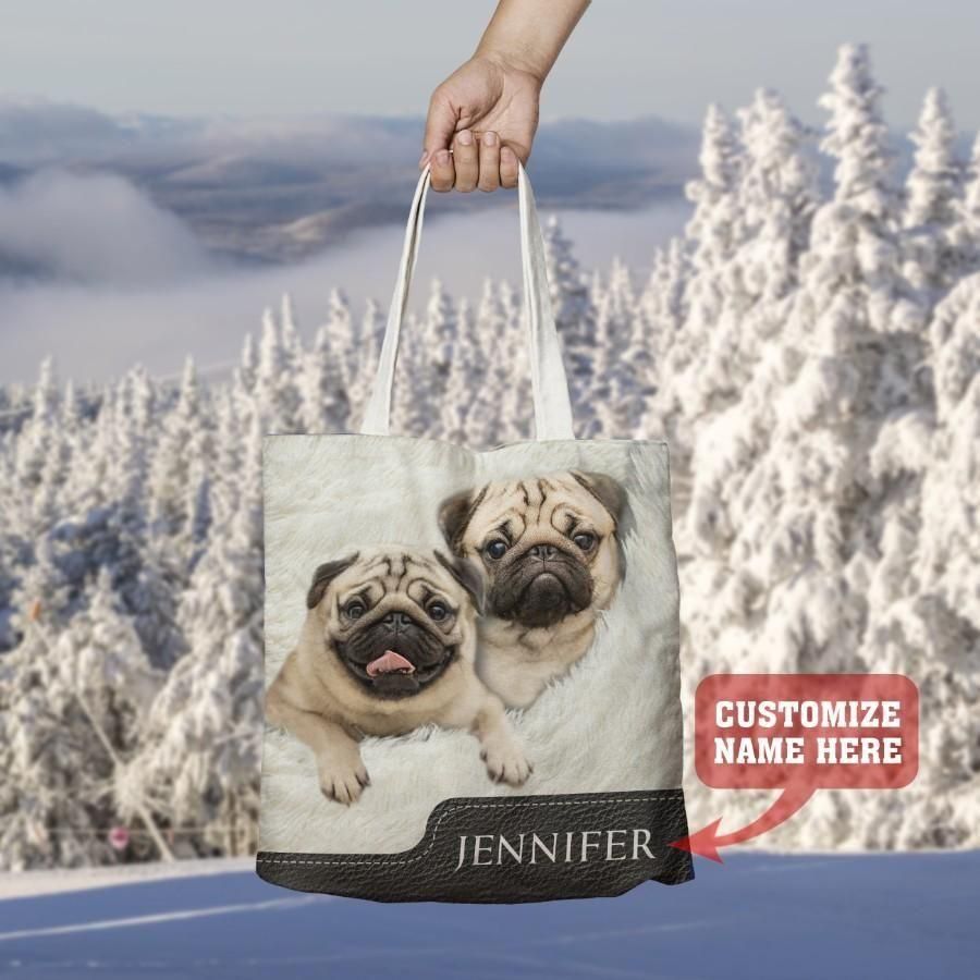 Cute Love Pug Gift For Dog Lovers Custom Name Printed Tote Bag